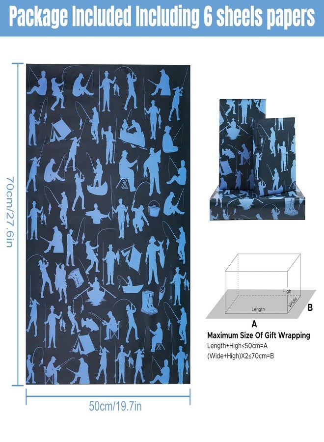 AirCool Fishing Wrapping Paper for Boys Men, Blue Fishing Man with Fish Rod Silhouette Design Wrapping Papers, 6 Sheets Folded Flat 20x28 Inches per Sheet, For Fishing Enthusiast Birthday Christmas Party - Image 2